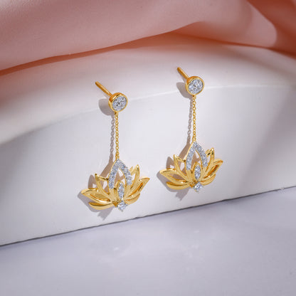 Gold Lotus Lab Grown Diamond Dangler Earrings
