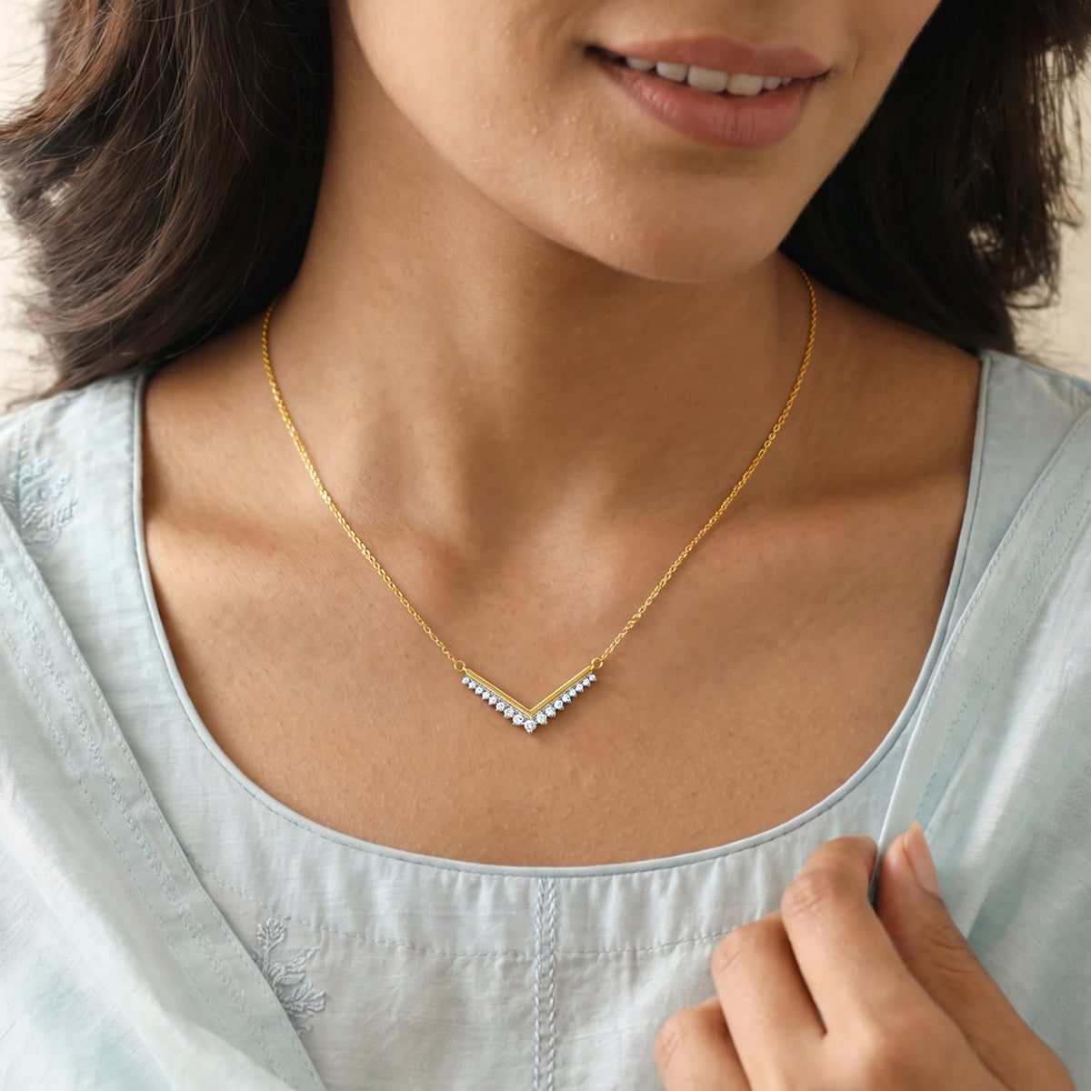 Gold Chevron Drop Lab Grown Diamond Necklace