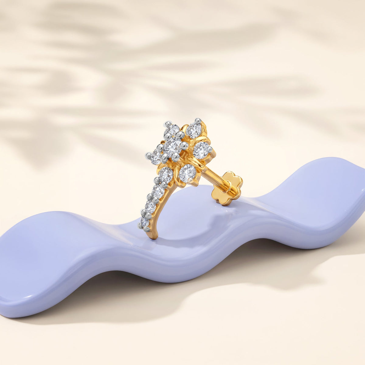 Gold Plumeria Lab Grown Diamond Nose Pin