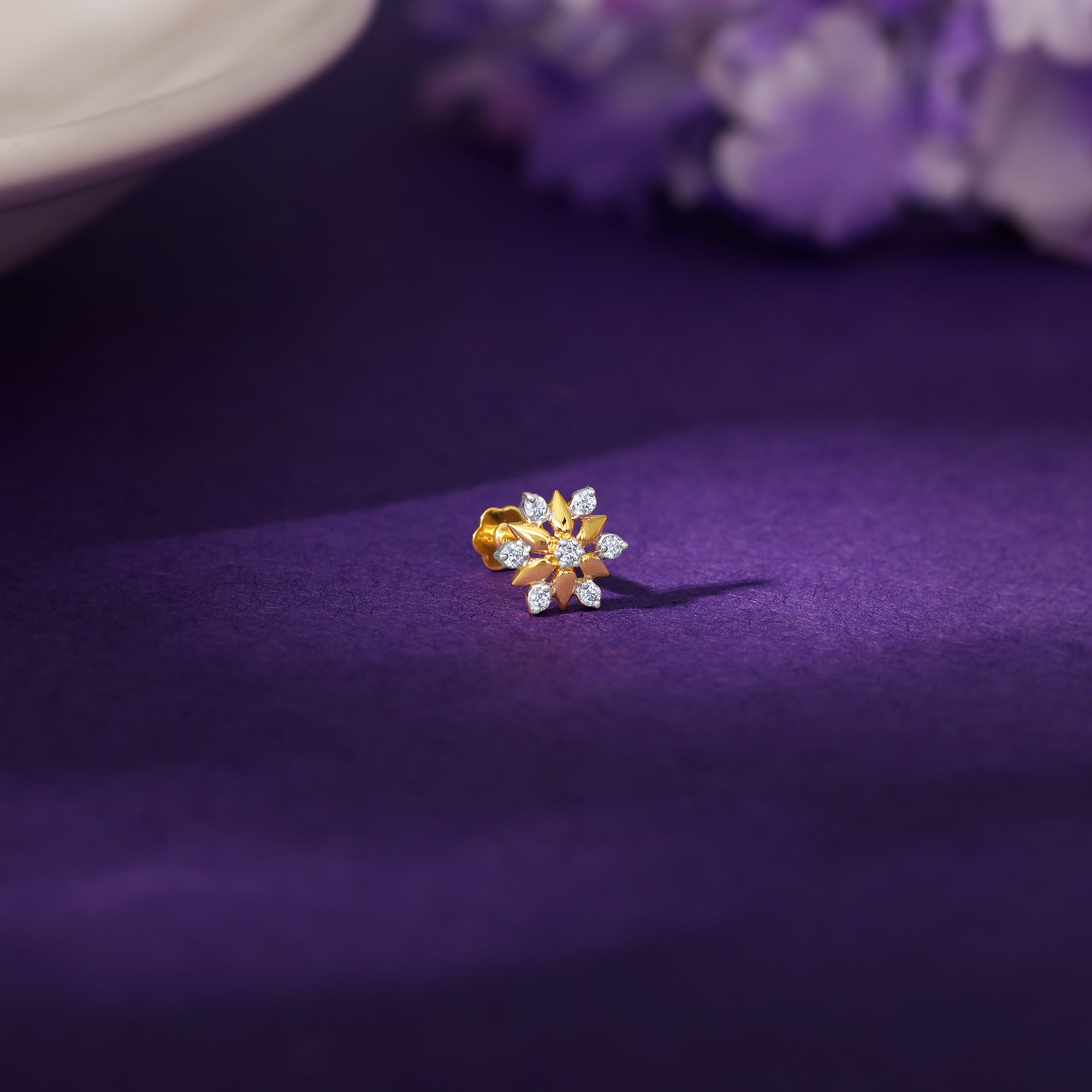 Gold Shinny Floret Diamond Nose Pin - view 2