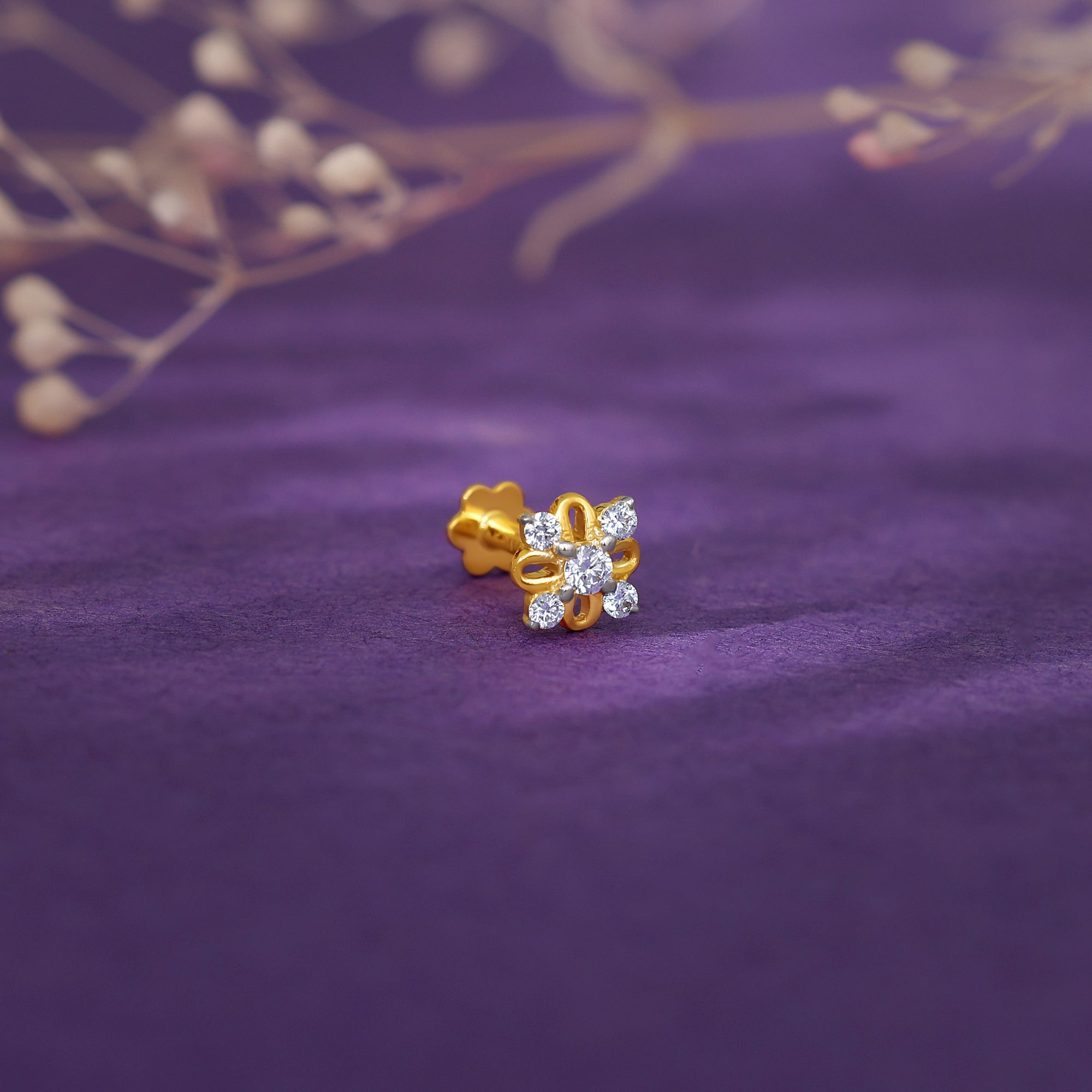 Gold Graceful Bloom Diamond Nose Pin - view 2