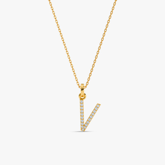 Gold Lab Grown Diamond Studded V Initial Pendant (9k)