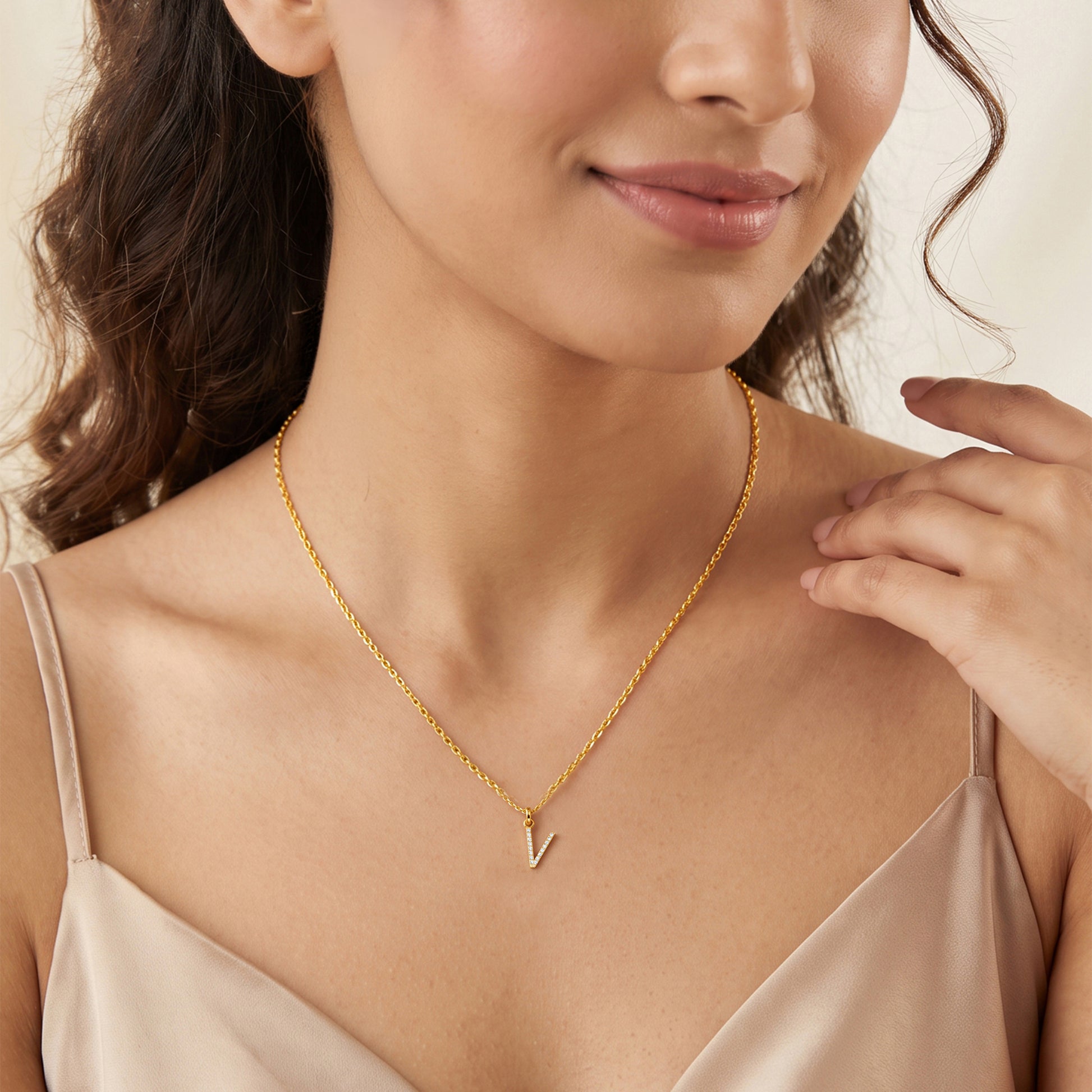 Gold Lab Grown Diamond Studded V Initial Pendant (9k)