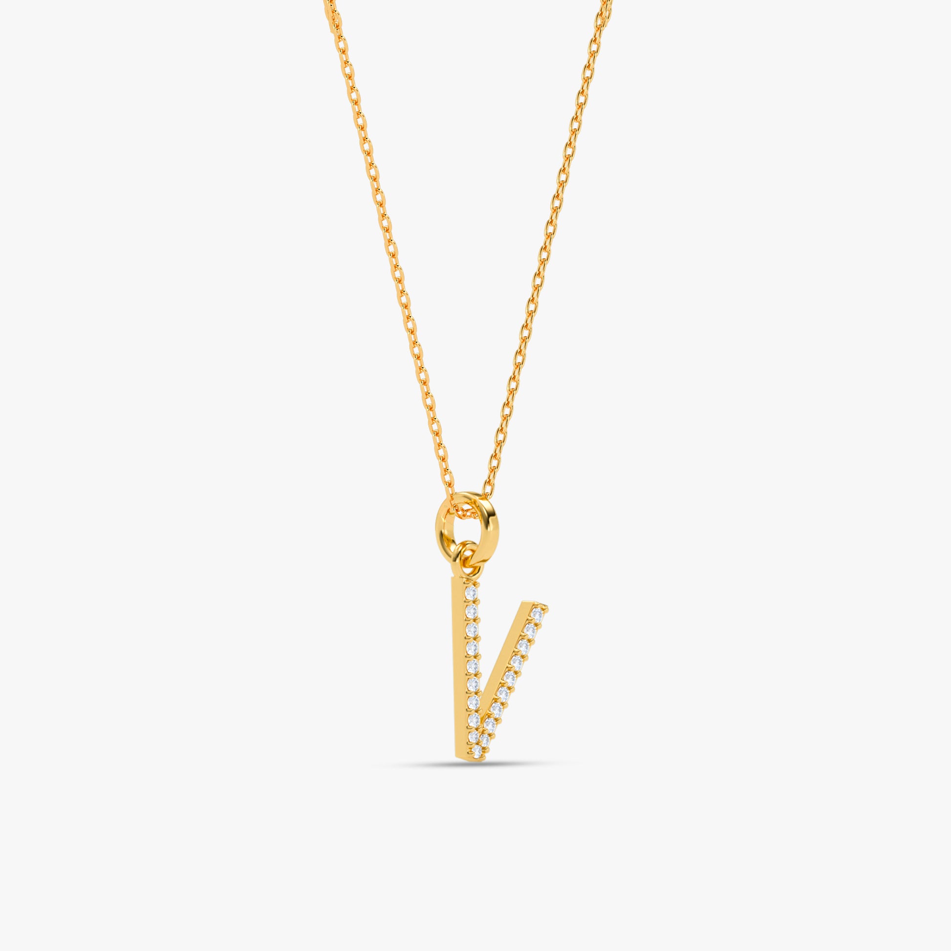 Gold Lab Grown Diamond Studded V Initial Pendant (9k)
