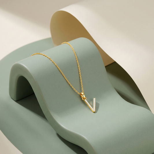 Gold Lab Grown Diamond Studded V Initial Pendant (9k)