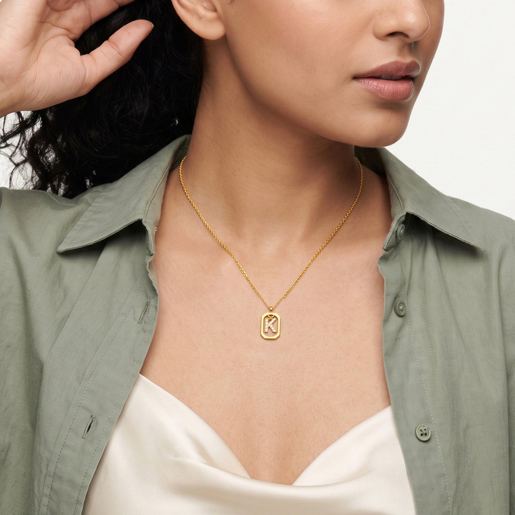 Gold Lab Grown Diamond Framed K Initial Pendant (9k)