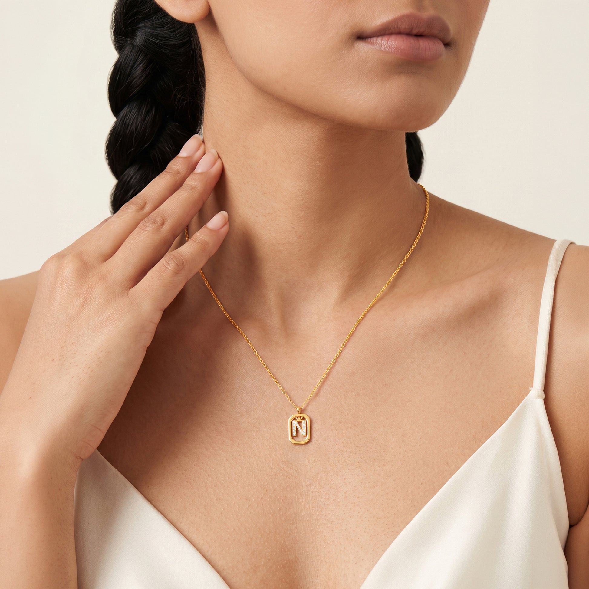 Gold Lab Grown Diamond Framed N Initial Pendant (9k)