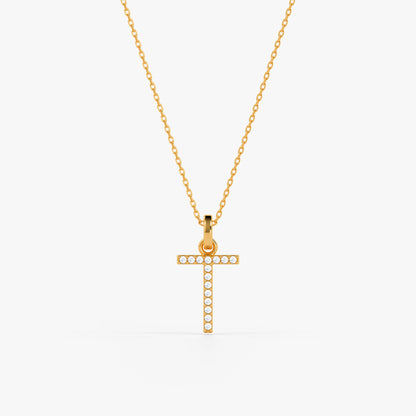 Gold Lab Grown Diamond Studded T Initial Pendant (9k)