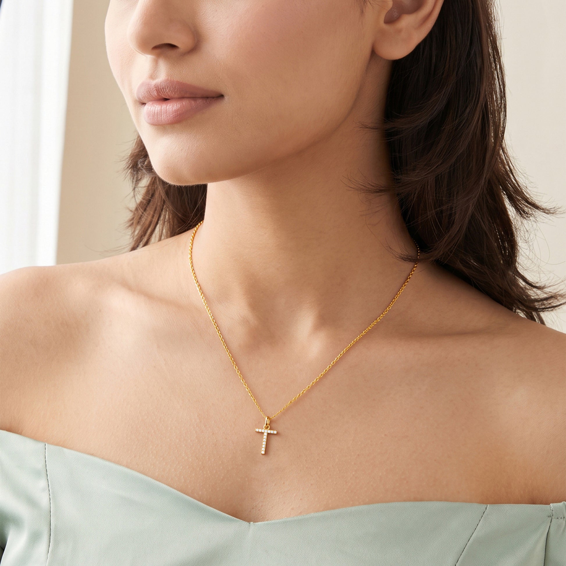 Gold Lab Grown Diamond Studded T Initial Pendant (9k)