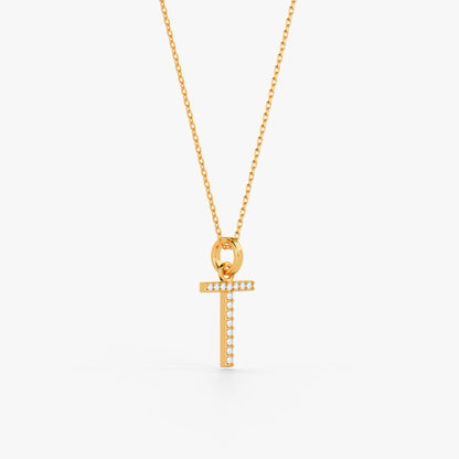 Gold Lab Grown Diamond Studded T Initial Pendant (9k)
