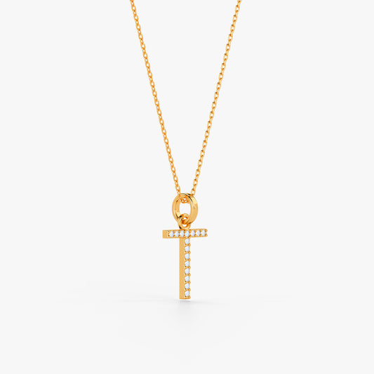 Gold Lab Grown Diamond Studded T Initial Pendant (9k)