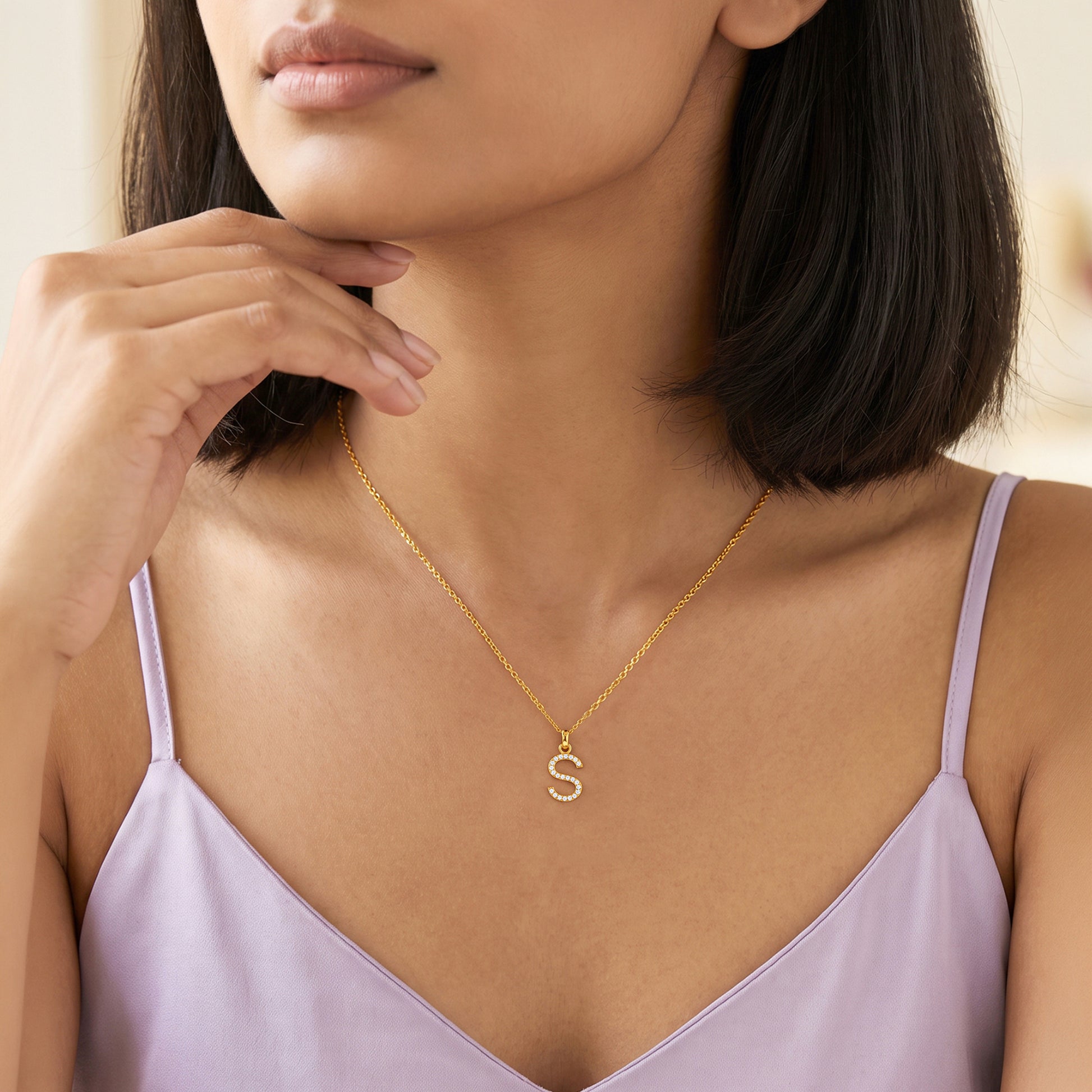Gold Lab Grown Diamond Studded S Initial Pendant (9k)