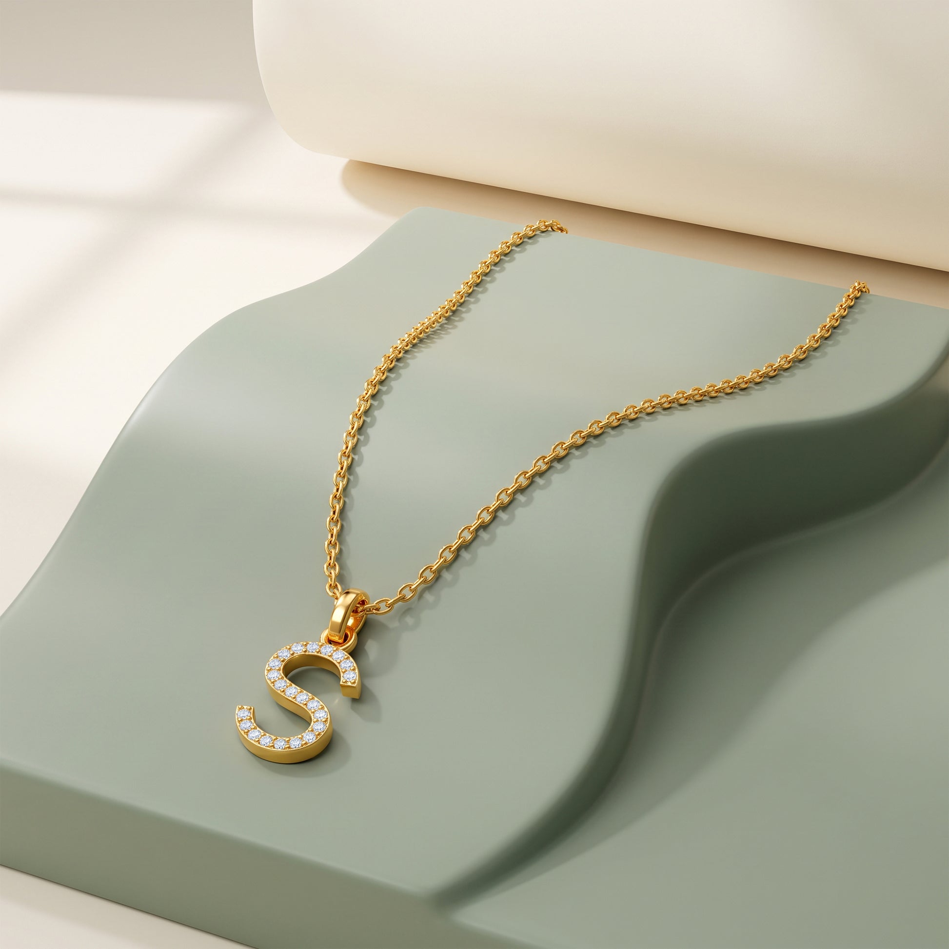 Gold Lab Grown Diamond Studded S Initial Pendant (9k)