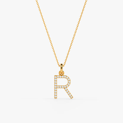 Gold Lab Grown Diamond Studded R Initial Pendant (9k)