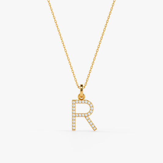 Gold Lab Grown Diamond Studded R Initial Pendant (9k)