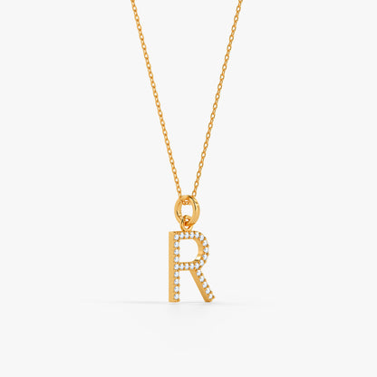 Gold Lab Grown Diamond Studded R Initial Pendant (9k)