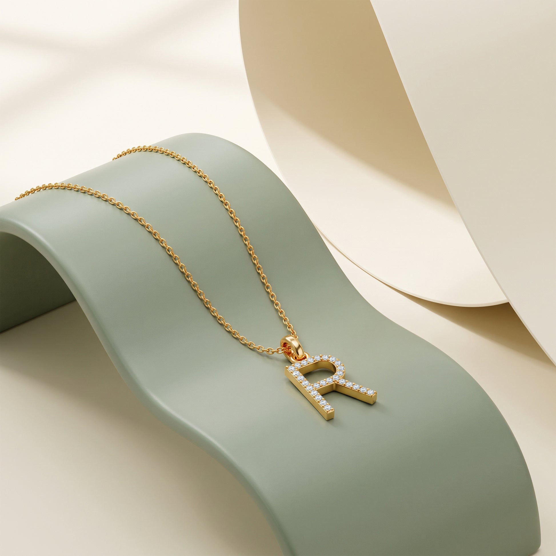 Gold Lab Grown Diamond Studded R Initial Pendant (9k)