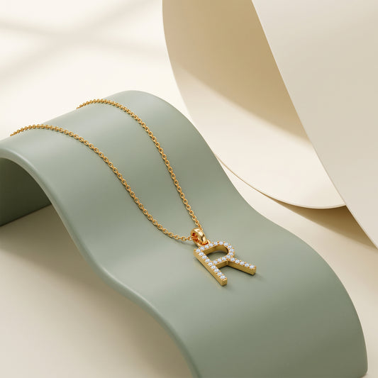 Gold Lab Grown Diamond Studded R Initial Pendant (9k)