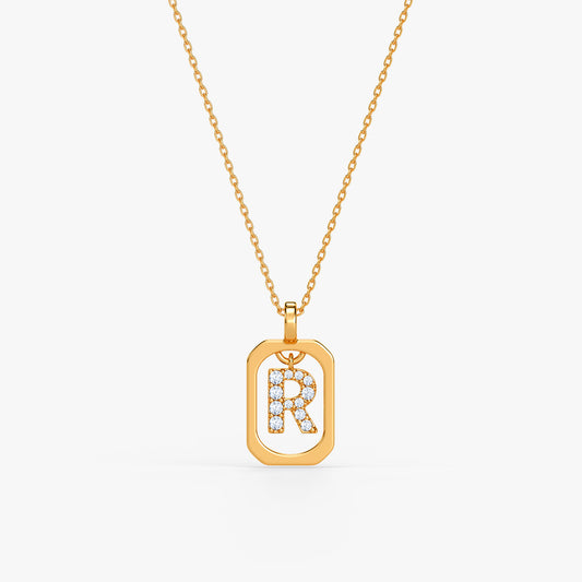 Gold Lab Grown Diamond Framed R Initial Pendant (9k)