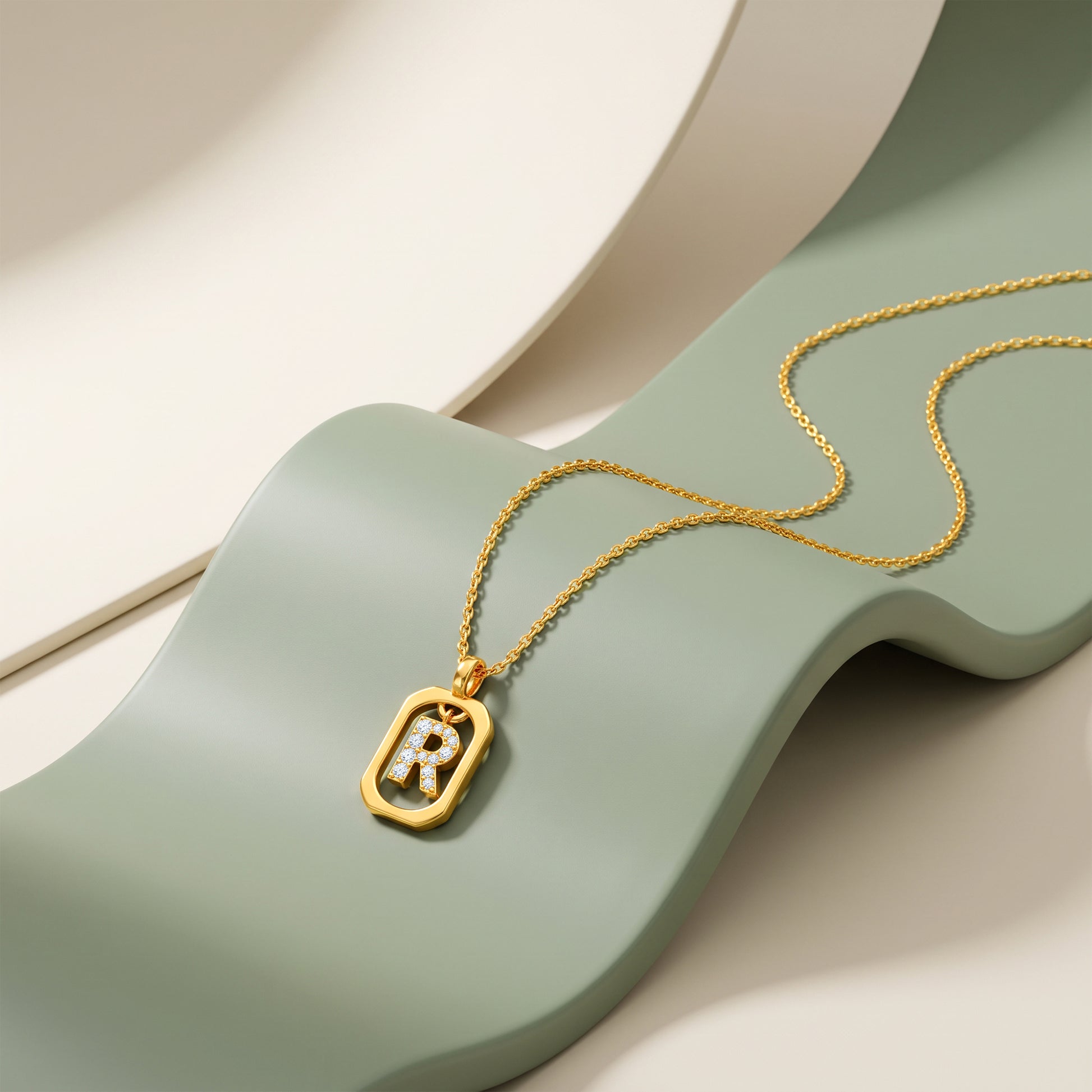 Gold Lab Grown Diamond Framed R Initial Pendant (9k)