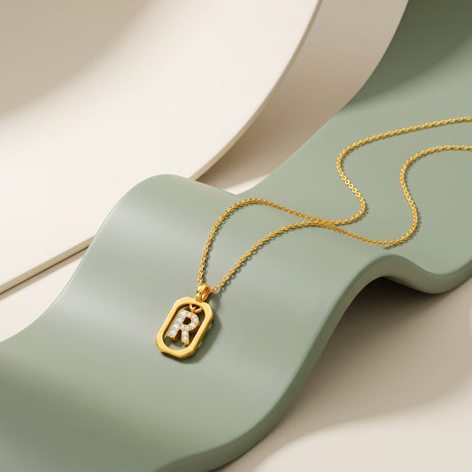 Gold Lab Grown Diamond Framed R Initial Pendant (9k)