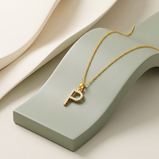 Gold Lab Grown Diamond Studded P Initial Pendant (9k)