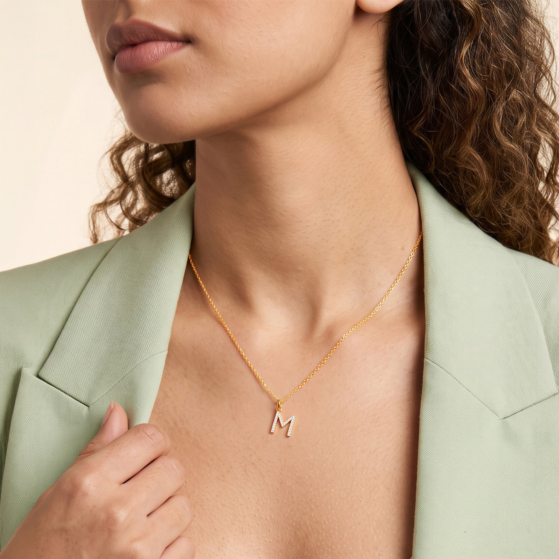 Gold Lab Grown Diamond Studded M Initial Pendant (9k)