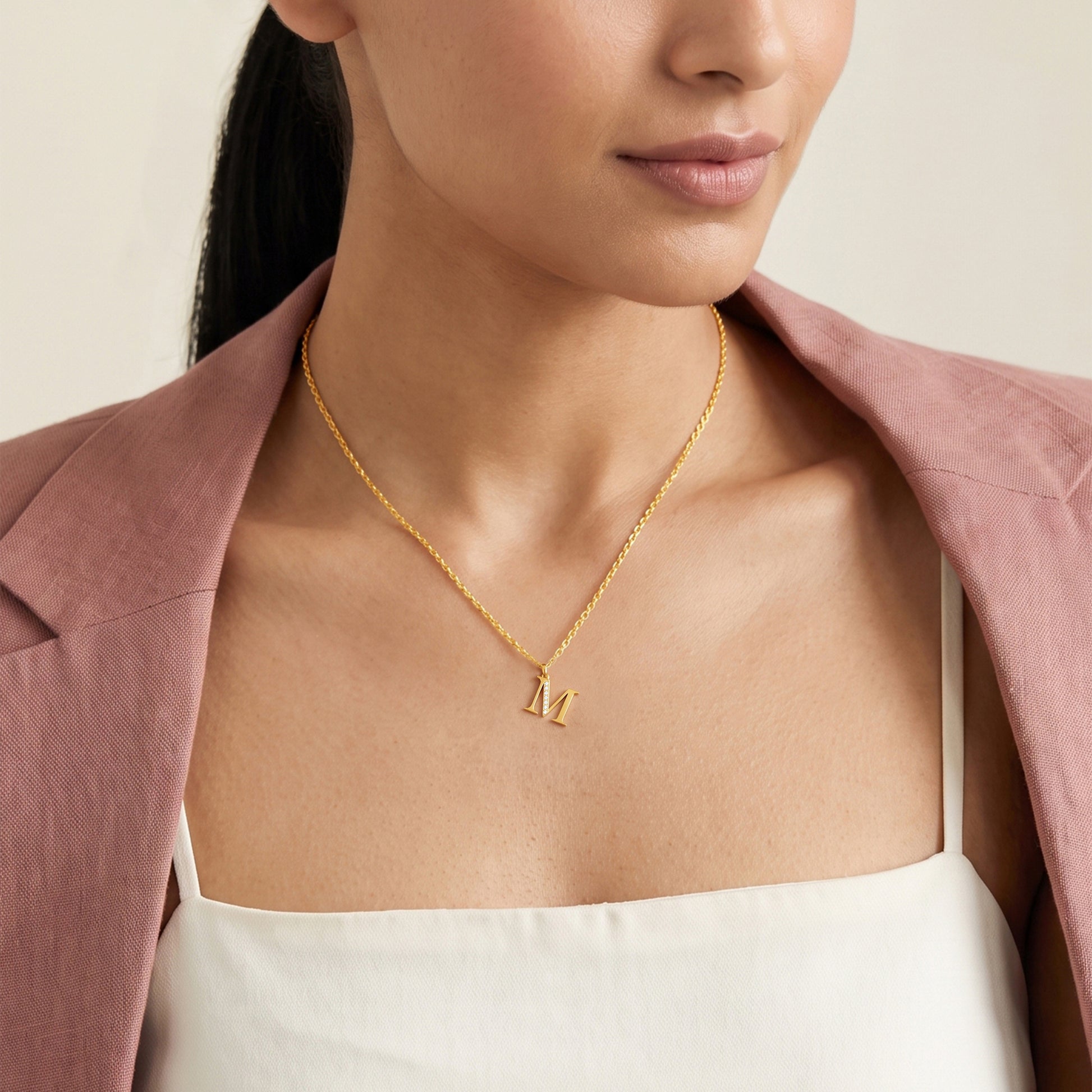Gold Lab Grown Diamond M Initial Pendant (9K)