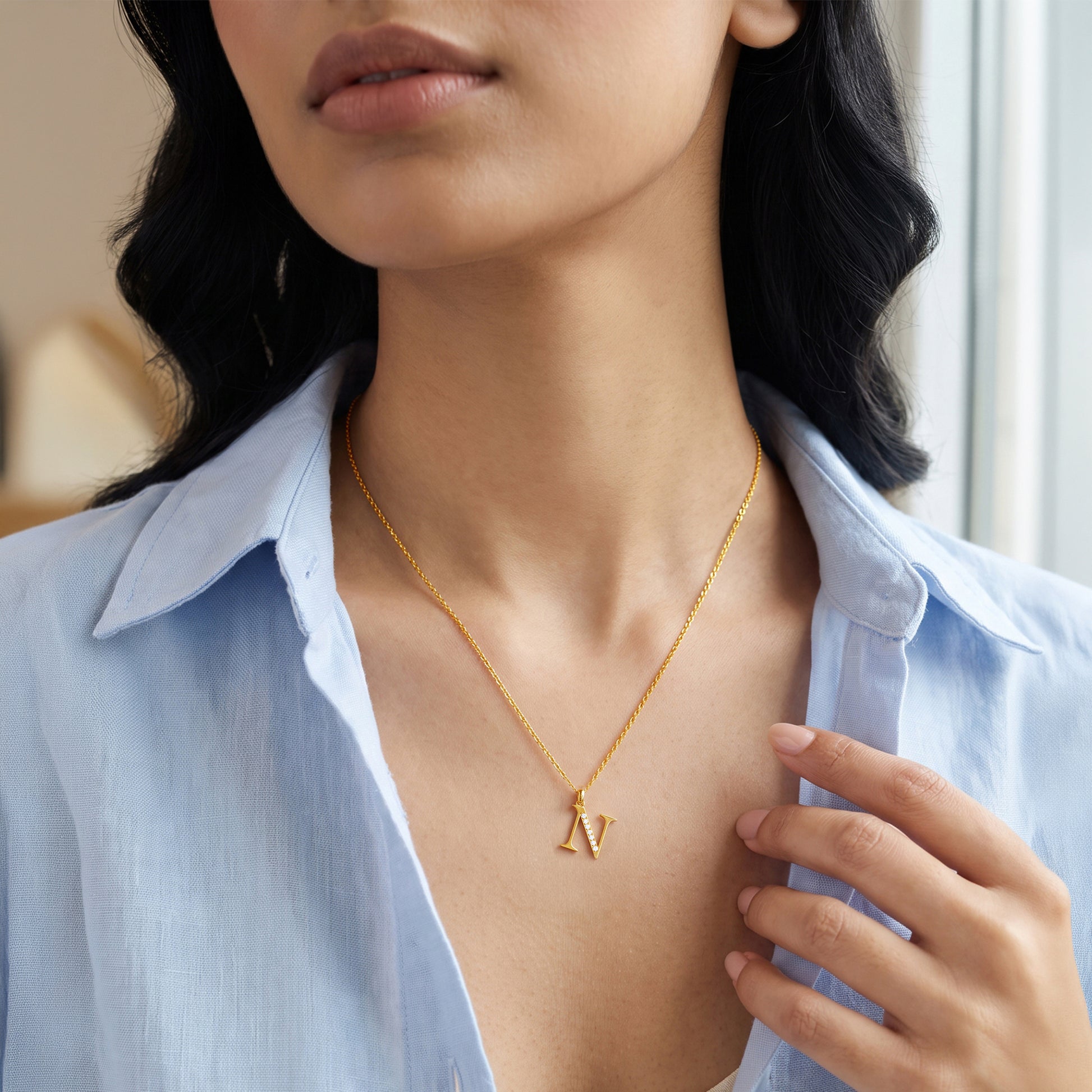 Gold Lab Grown Diamond N Initial Pendant (9k)
