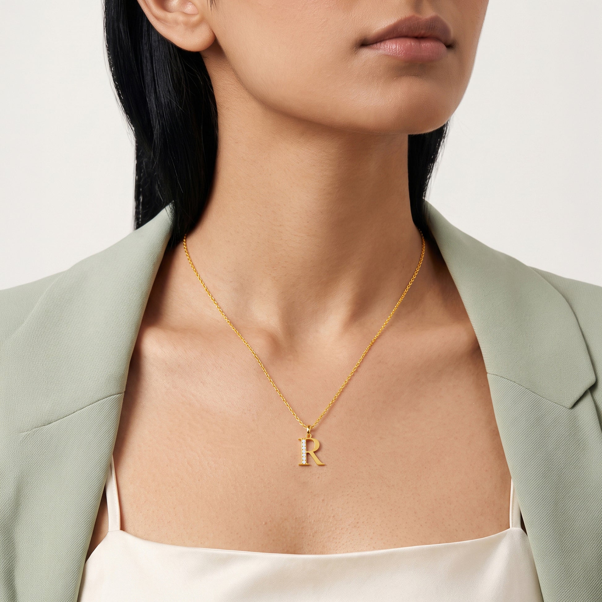Gold Lab Grown Diamond R Initial Pendant (9K)
