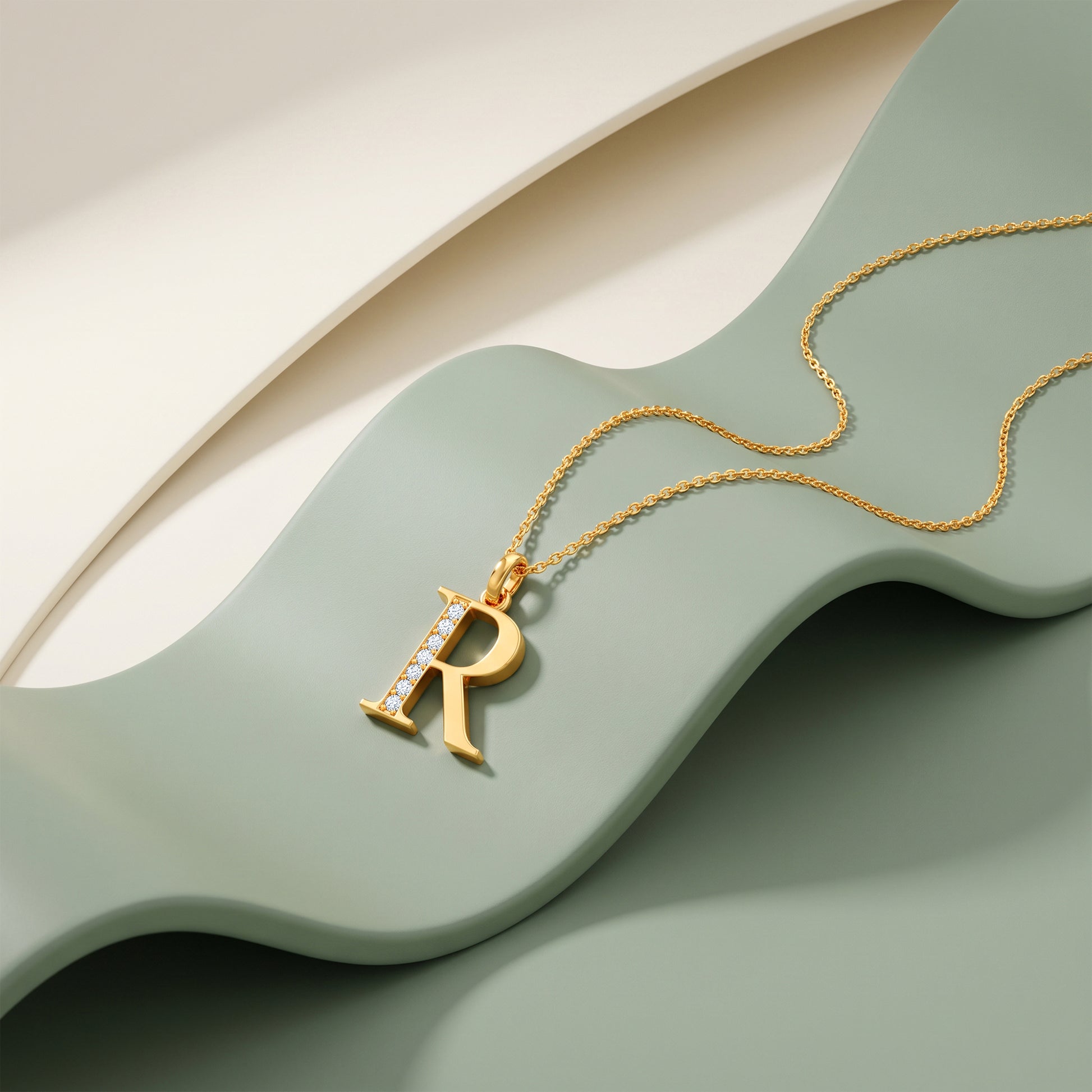 Gold Lab Grown Diamond R Initial Pendant (9K)