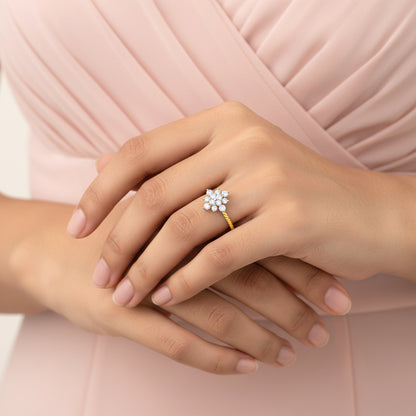 Gold Snowflake Beaded Lab Grown Diamond Ring