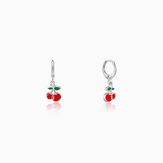 Silver Cherry Red Kids Hoop Earrings