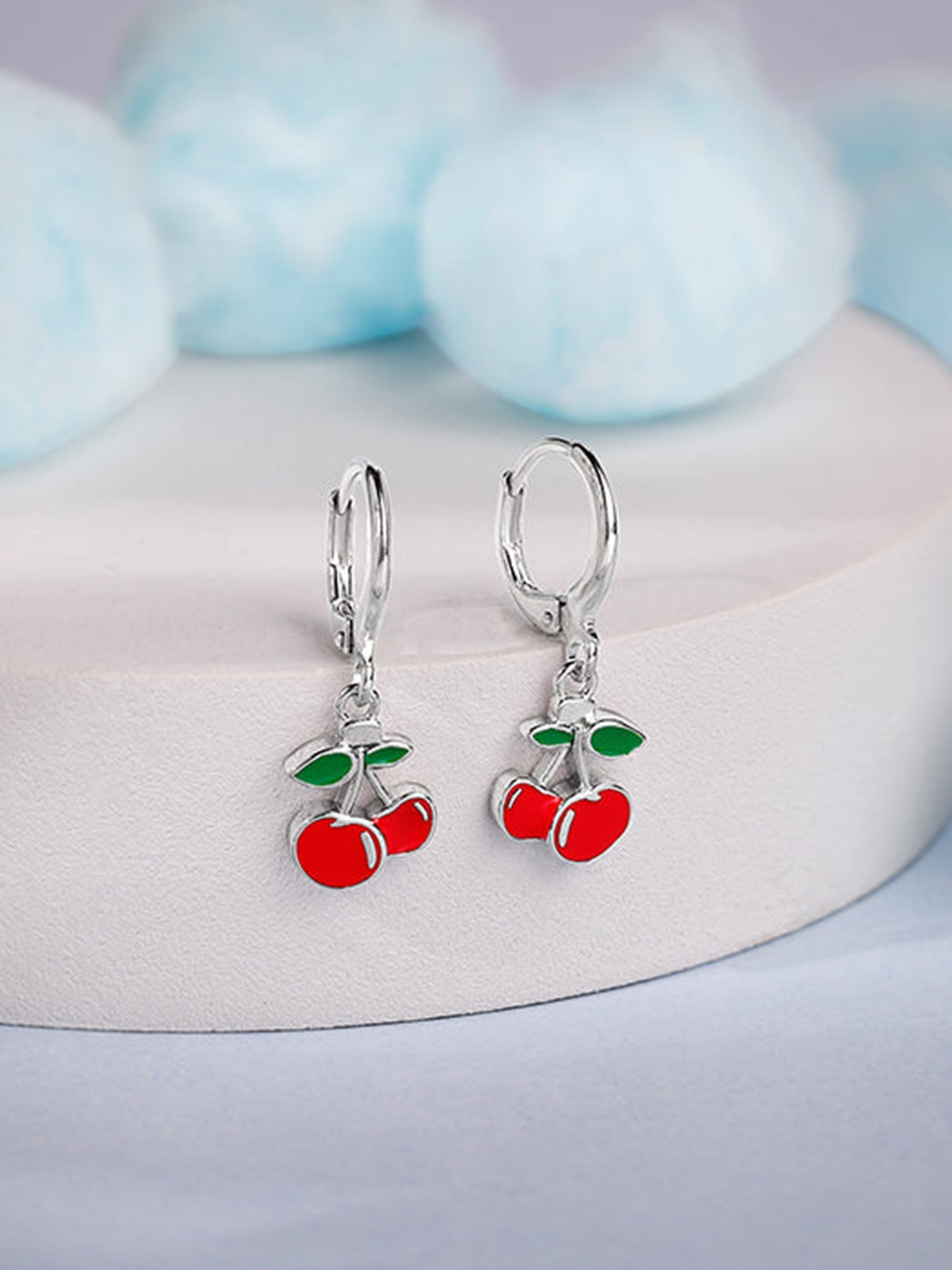Silver Cherry Red Kids Hoop Earrings