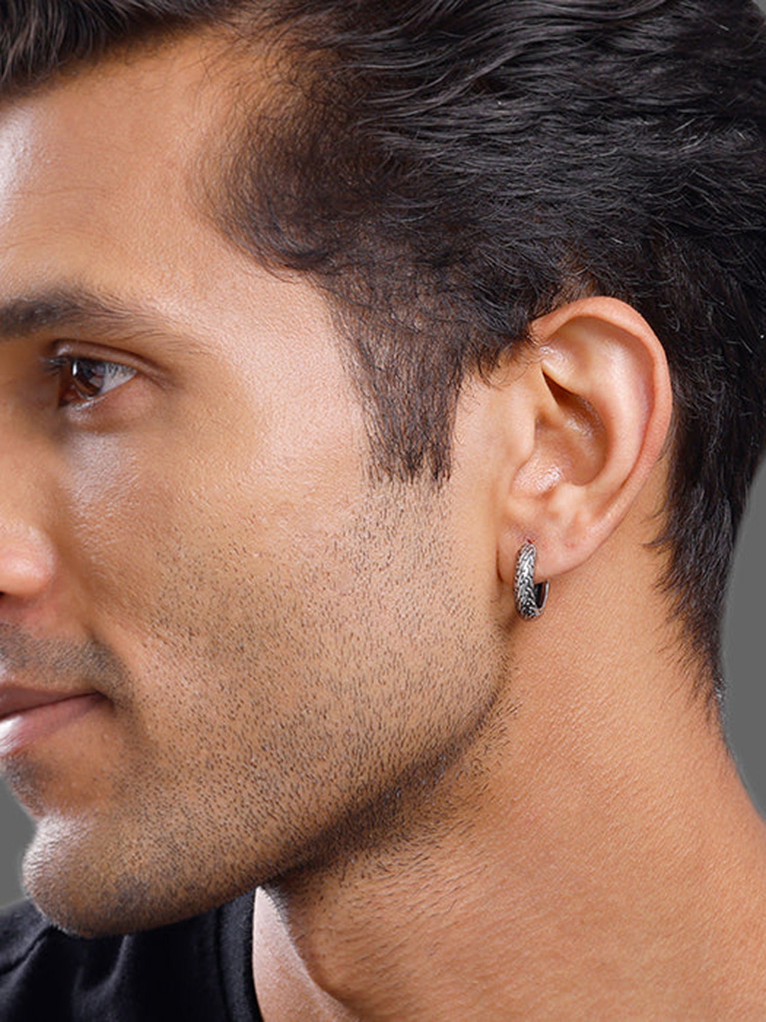 Oxidised Silver GeoGlint Hoop Earring For Him