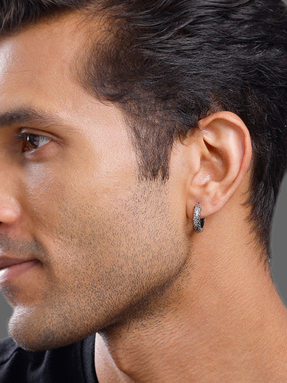 Oxidised Silver GeoGlint Hoop Earring For Him
