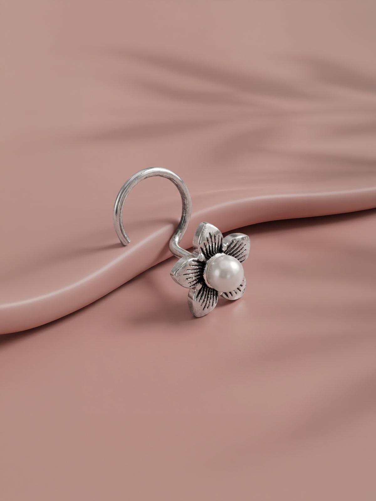 Oxidised Petal Flower Nose Pin