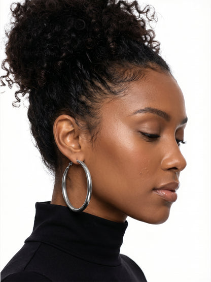 Classic Thick Rhodium Plated Hoop Earrings