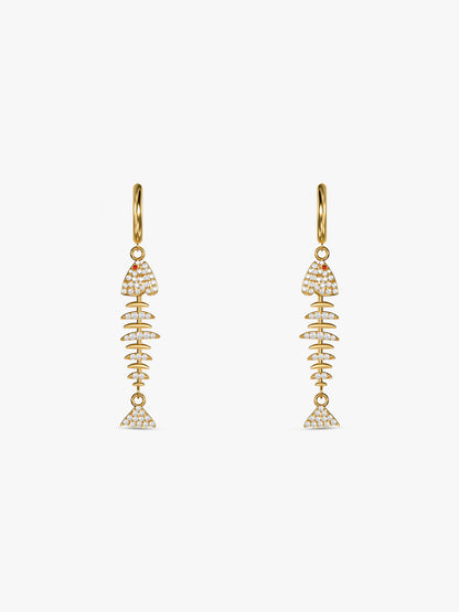 Fishbone Drop Charm Gold Plated Earrings