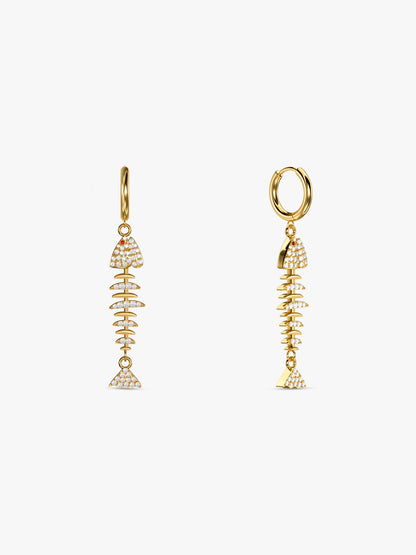 Fishbone Drop Charm Gold Plated Earrings