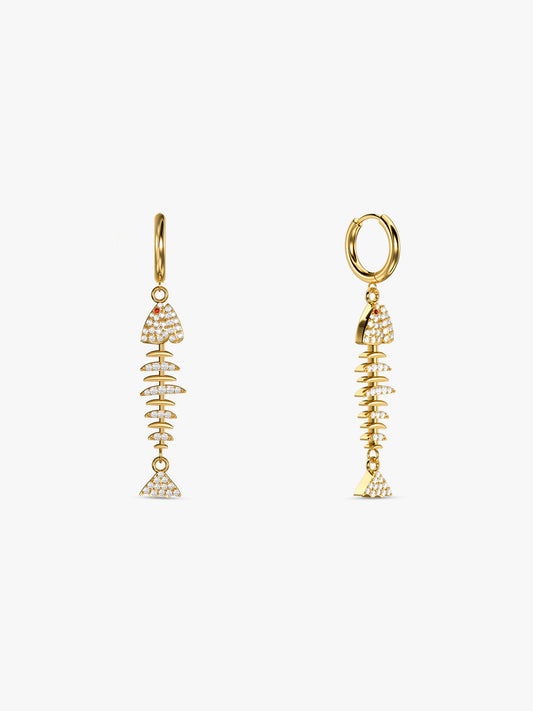 Fishbone Drop Charm Gold Plated Earrings