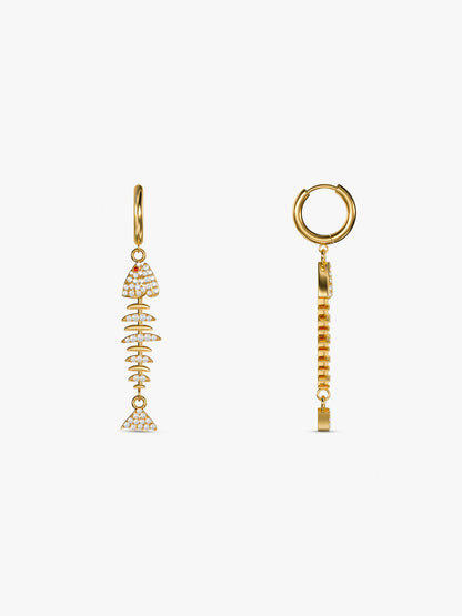 Fishbone Drop Charm Gold Plated Earrings