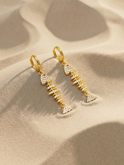 Fishbone Drop Charm Gold Plated Earrings