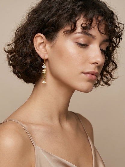 Fishbone Drop Charm Gold Plated Earrings