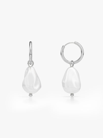 Drop It Pearl Rhodium Plated Hoop Earrings