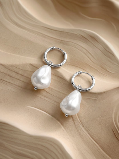 Drop It Pearl Rhodium Plated Hoop Earrings