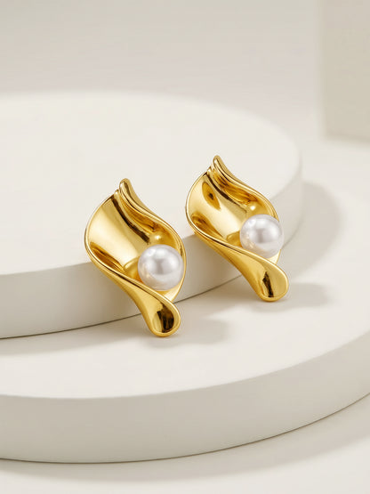 Pearl Curve Energy Gold Plated Stud Earrings