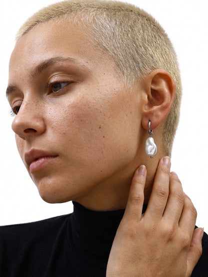 Drop It Pearl Rhodium Plated Hoop Earrings