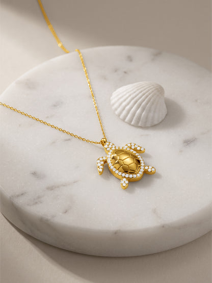 Turtle Icon Gold Plated Pendant With Link Chain