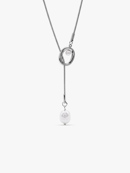 Pearl Flow Rhodium Plated Lariat Necklace